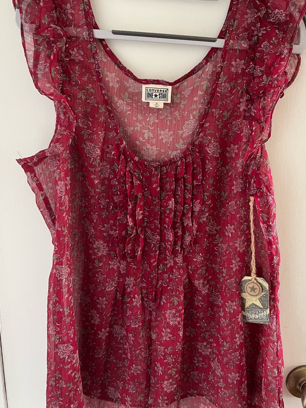 Converse burgundy Floral Ruffle Sheer Camisole XL